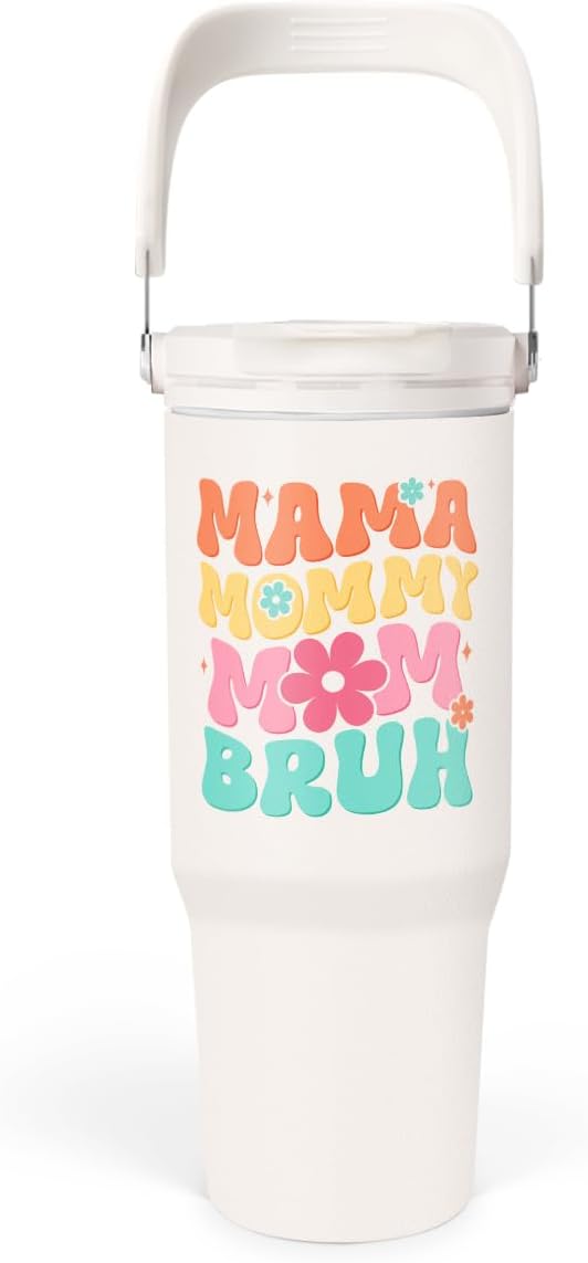 SANDJEST Funny Mom Tumbler 30oz, Mama Bruh Stainless Steel Insulated Coffee Travel Mug with Handle & Flip Straw Lid, Mom Gifts for Christmas Birthday Mothers Day Valentines