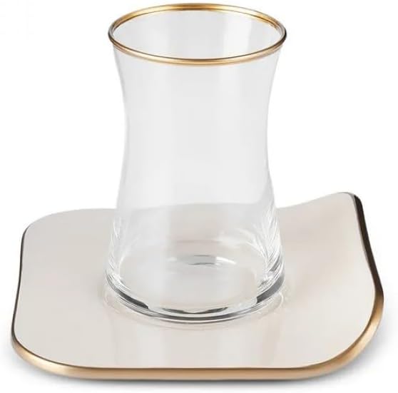 KARACA Retro 12-Piece Turkish Tea Cups for 6 People, 5.58 fl oz Turkish Tea Glasses Set, Durable Glass with Gold Detailing & Cream Color Saucers - Bloomnest