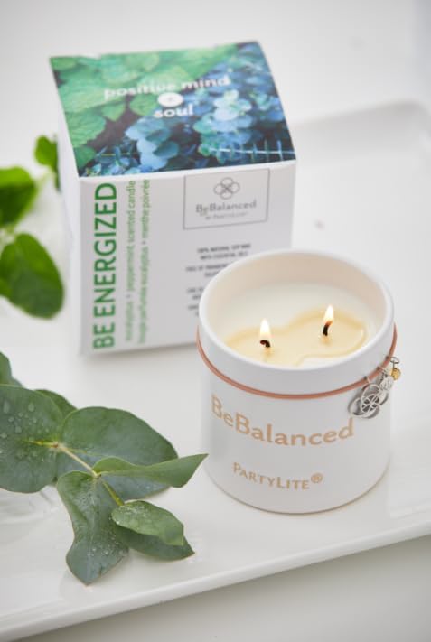 PartyLite Be Energized Eucalyptus + Peppermint Soy Jar Candle, 40-50 Hour Burn, Essential Oils, Fresh Fir Balsam, Spearmint, Energizing Fragrance