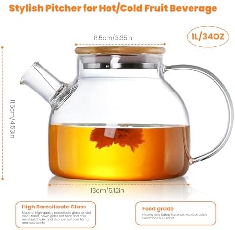 Glass Teapot 34oz/1000ml, Stovetop & Microwave Safe Borosilicate Tea Pot,Clear Teapot with Strainer, Glass Tea Kettle with Wooden Lid for Loose Leaf、Fruit Tea and Fragrant Tea - Bloomnest