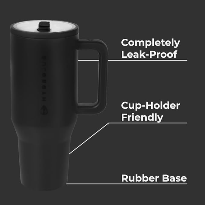 HydroJug Traveler - 32 oz Water Bottle with Handle & Flip Straw - Fits in Cup Holder, Leak Resistant Tumbler-Reusable Insulated Stainless Steel & Rubber Base - Gifts for Women & Men, Black - Bloomnest
