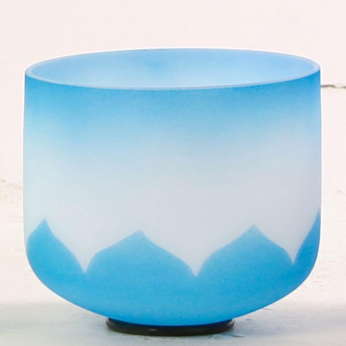 Leize Crystal Singing Bowl Lotus Design Colored Rim Chakra Tuned Quartz 8” wide Blue 432hz G Note with Suede Striker