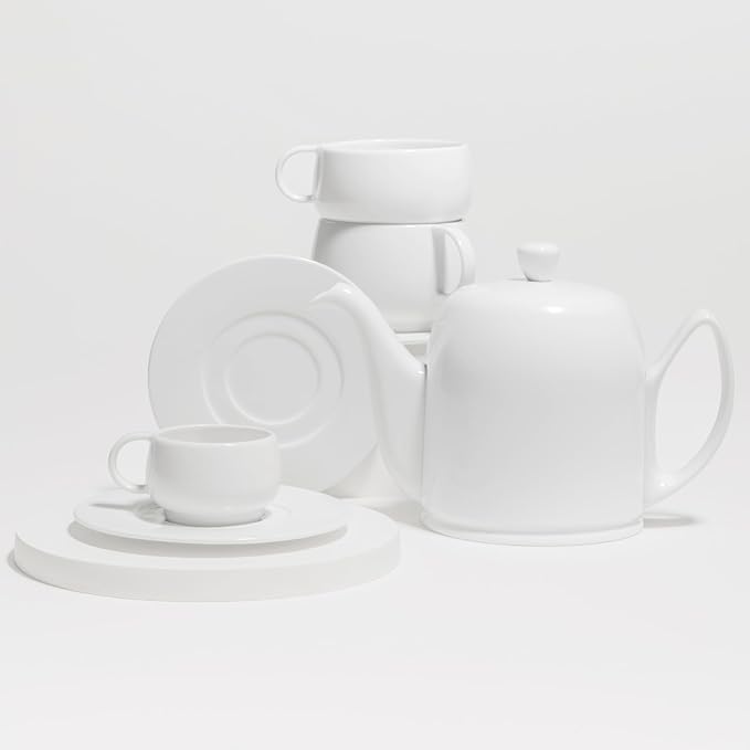 Degrenne Salam Luxury French Tea Pot - Porcelain Teapot with Stainless Steel Cover, Ceramic Tea Kettle for Loose Tea, Removable Infuser, 6 Cup Capacity, 36oz - Monochrome Blue - Bloomnest