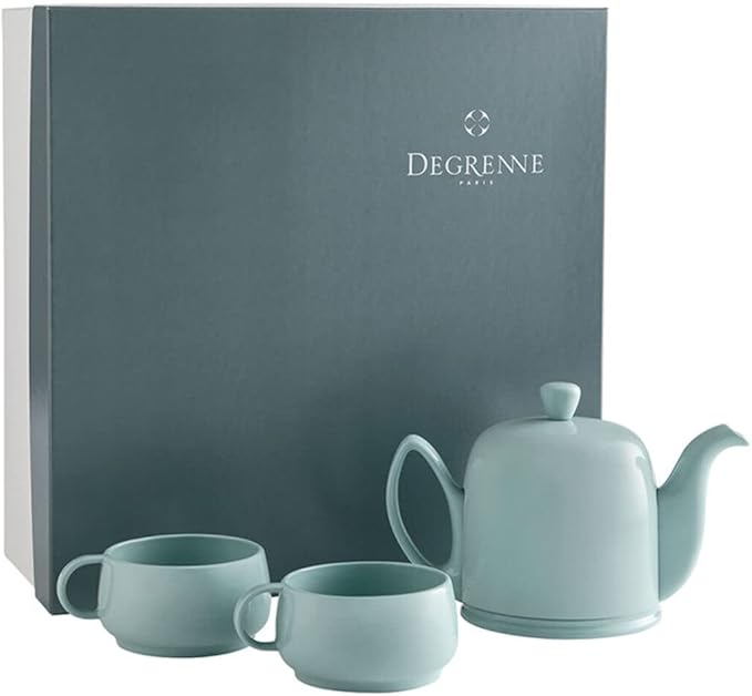 DEGRENNE Luxury French Tea Set - Porcelain Teapot Set with 2 Tea Cups, Ceramic Kettle for Loose Tea, Stainless Steel Cover, Removable Infuser - Monochrome Almond Green - Bloomnest