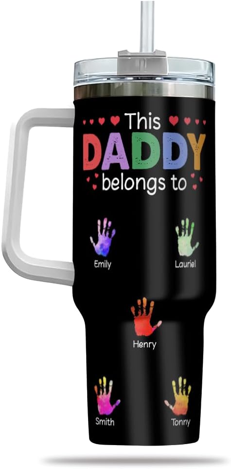 Personalized Dad Tumbler with Handle and Straw, Custom Handprint Design with Kids’ Names, Cute Father’s Day Gift from Children for Daddy or Papa - Bloomnest