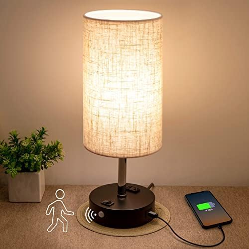 Table Lamp with Motion Sensor and Constant on Mode, USB Lamp Include Warm White Bulb, Built in USB Port & AC Outlet, Bedside Lamp Idea for Bedroom Retro Cream - Bloomnest