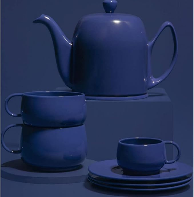 Degrenne Salam Luxury French Tea Pot - Porcelain Teapot with Stainless Steel Cover, Ceramic Tea Kettle for Loose Tea, Removable Infuser, 6 Cup Capacity, 36oz - Monochrome Blue - Bloomnest