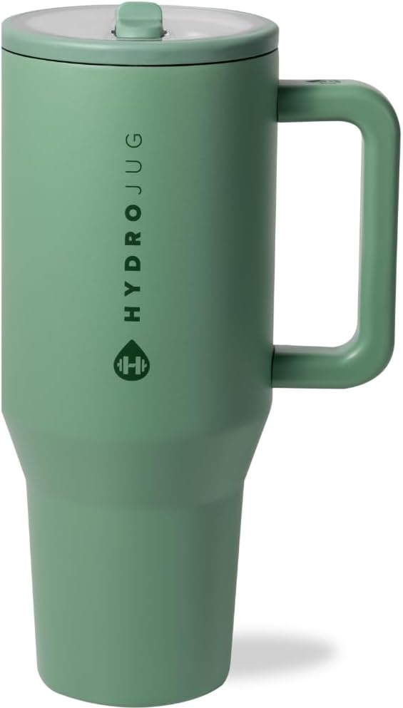 HydroJug Traveler - 40 oz Water Bottle with Handle & Flip Straw - Fits in Cup Holder, Leak Resistant Tumbler-Reusable Insulated Stainless Steel & Rubber Base - Gifts for Women & Men, Sage - Bloomnest