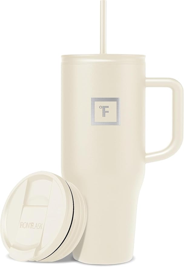 IRON °FLASK Co-Pilot Insulated Mug w/Straw & Flip Cap Lids - Cup Holder Bottle for Hot, Cold Drink - Leak-Proof - Water, Coffee Portable Travel Mug - Cashmere Cream, 32 Oz - Bloomnest
