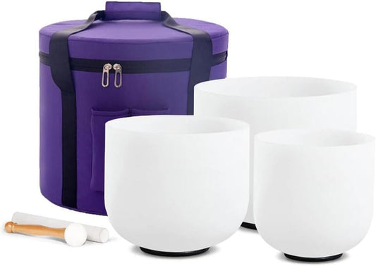 Set of 3 Singing Bowls 432HZ 6-10 inch 6"A 8"F 10"C Frosted Chakra Quartz Crystal Sound Healing Crystal with 1 Travel Carry Case Bag 1 Mallet Suede 1 Striker 3 O-rings