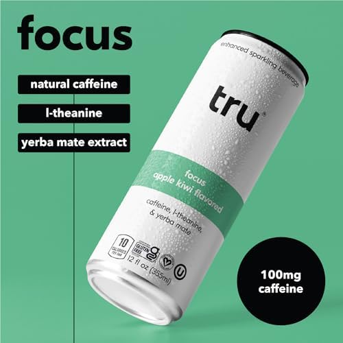 Tru Focus Seltzer, Sparkling Water with Green Tea Extract, Yerba Mate, L Theanine & Real Apple Kiwi Juice, Sweetened with Monk Fruit & Stevia, Gluten Free, Vegan, Sugar Free, 12 FL OZ Cans, 12 Pack - Bloomnest