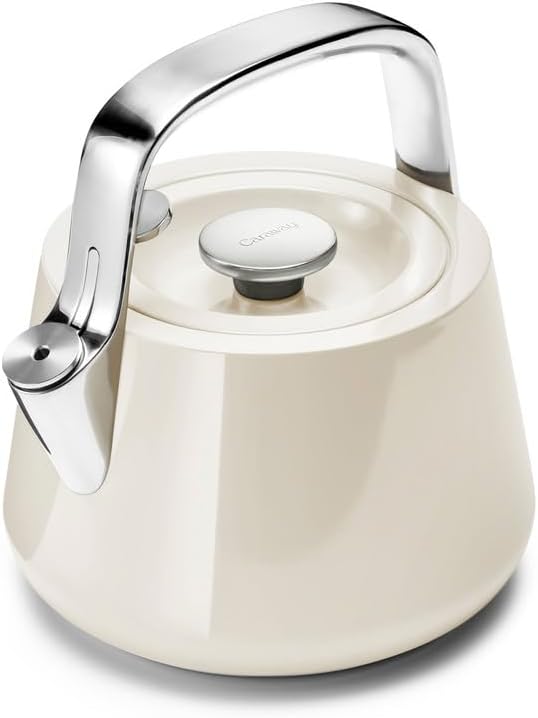 Caraway 2 Quart Whistling Tea Kettle - Durable Stainless Steel Tea Pot - Fast Boiling, Stovetop Agnostic - Non-Toxic, PTFE & PFOA Free - Includes Pot Holder - Cream - Bloomnest