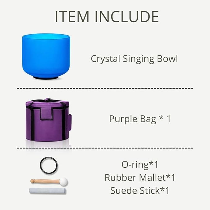 8 inch Blue G Note Throat Chakra Quartz Crystal Singing Bowl, for Healing Mindfulness Meditation Yoga Sound Baths, with Rubber Mallet O-ring - Bloomnest