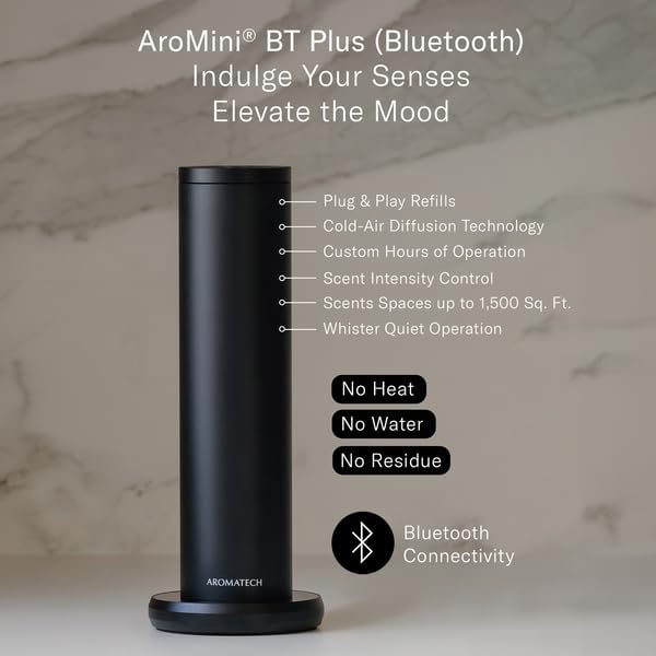 AromaTech New AroMini BT Plus Scent Diffuser w/Bluetooth – Cold-Air Diffusion Scent Machine for Home, Office, Hotel, Spa – Nebulizing Diffusion System for Essential Oil Blends (Black) - Bloomnest