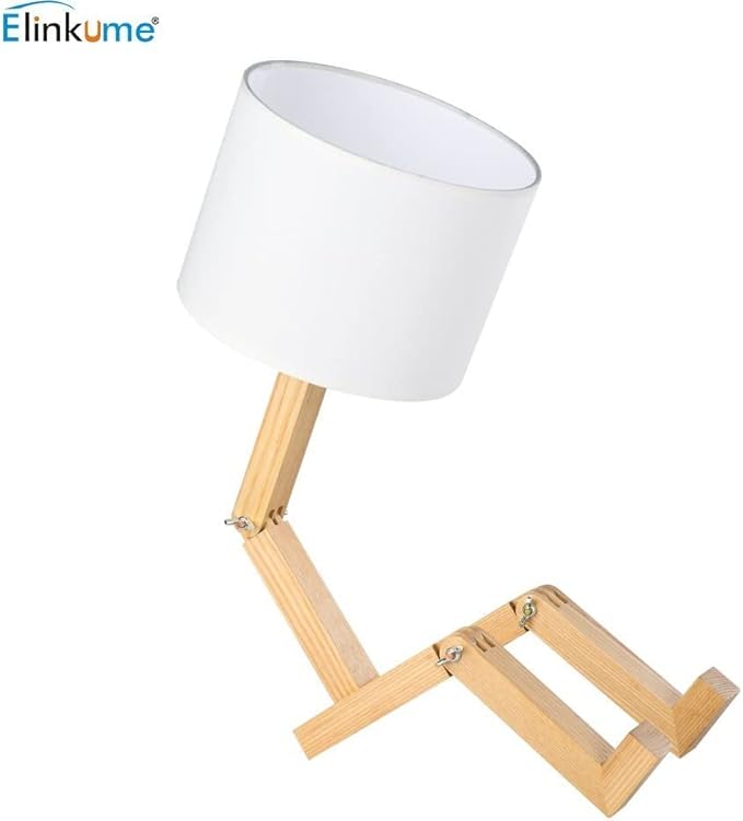 ELINKUME Robot Bedside Lamp, Fabric Lampshade Match Foldable Solid Wood Body, Creative E27 Screw Table Lamp for Bedroom Living Room - Bloomnest