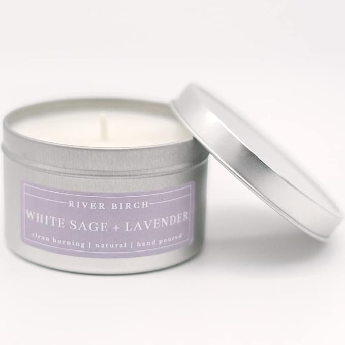 River Birch Candles White Sage + Lavender Scented Candle | Premium, All-Natural, Non-Toxic, Soy Candles | 8 oz. Silver Tin Travel Candle | Cozy Relaxing Gifts for Home - Bloomnest