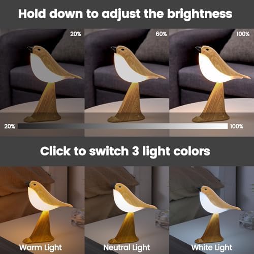 Small Cute Bird Table Lamp with Timer, Touch & Remote Control Bird Night Light, Cordless Bedside Lamps, Desk Lamp for Reading, 3-Way Dimmable USB Rechargeable Battery 2600mAh Nightstand Lamps, Decor - Bloomnest