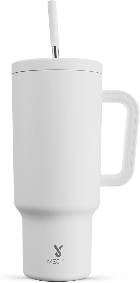 Meoky 40 oz Tumbler with Handle and Straw: Stainless Steel Insulated Tumbler with Lid and Straw - 100% Leak Proof Tumbler for Car Cup Holders - Travelers Commuters Workers, White - Bloomnest