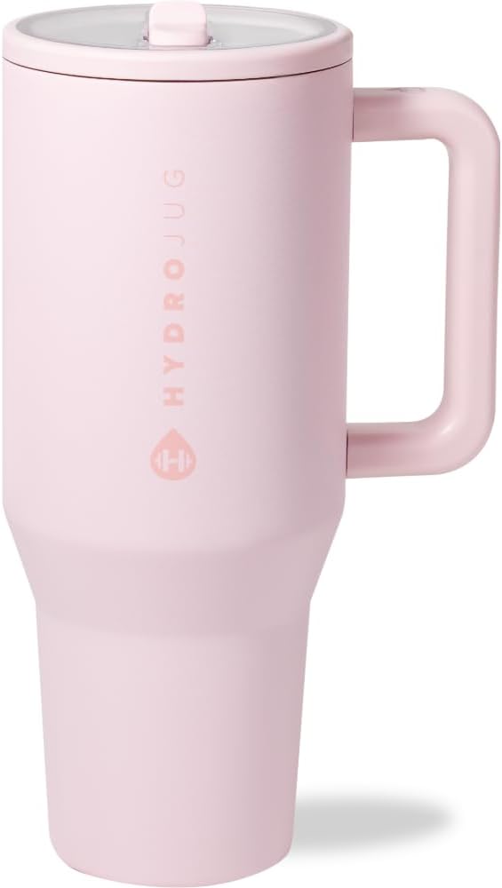 HydroJug Traveler - 40 oz Water Bottle with Handle & Flip Straw - Fits in Cup Holder, Leak Resistant Tumbler-Reusable Insulated Stainless Steel & Rubber Base - Gifts for Women & Men, Pink Sand - Bloomnest