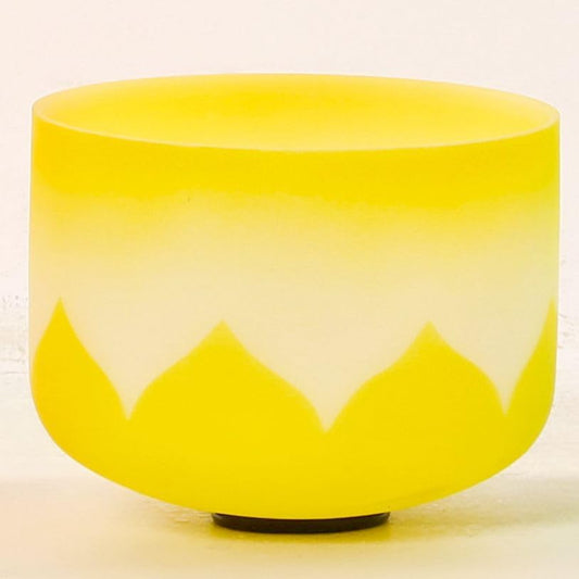 Leize Crystal Singing Bowl Lotus Design Colored Rim Chakra Tuned Quartz 10” wide Yellow 432hz E Note with Suede Striker