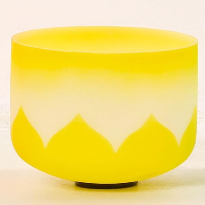 Leize Crystal Singing Bowl Lotus Design Colored Rim Chakra Tuned Quartz 10” wide Yellow 432hz E Note with Suede Striker - Bloomnest