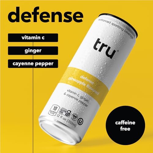 Tru Defense Seltzer, Sparkling Water with Vitamin C, Ginger Extract, Cayenne Pepper & Real Pineapple Juice, Sweetened with Monk Fruit & Stevia, Gluten Free, Vegan, Caffeine Free, 12 FL OZ Can, 12 Pack - Bloomnest