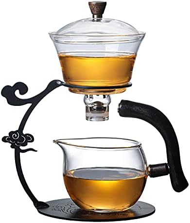 RORA Glass Teapot Set Semi Automatic Drip Rotating with Infuser Lazy Kungfu Tea pot Set (Black) - Bloomnest