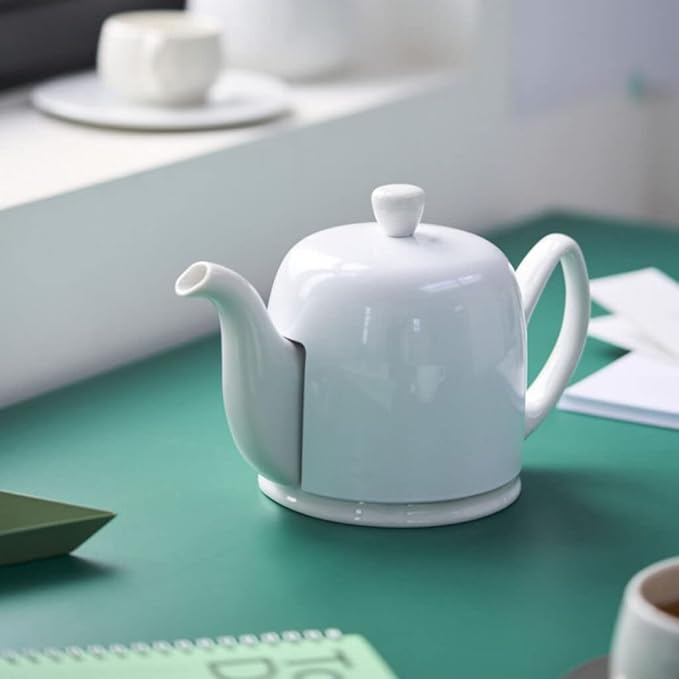 Degrenne Salam Luxury French Tea Pot - Porcelain Teapot with Stainless Steel Cover, Ceramic Tea Kettle for Loose Tea, Removable Infuser, 4 Cup Capacity, 24oz - Monochrome White - Bloomnest