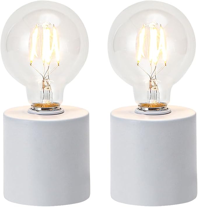 JHY DESIGN Set of 2 White Table Lamp Battery Powered 7" Tall Cordless Lamp Light with Edison Style Bulb Battery Operated Great for Living Room Bedroom Weddings Parties Patio Events