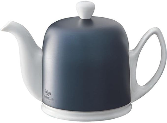 Degrenne Salam Luxury French Tea Pot - Porcelain Teapot with Blue Aluminum Cover, Ceramic Tea Kettle for Loose Tea, Removable Infuser, 4 Cup Capacity, 24oz - Colbalt Blue - Bloomnest