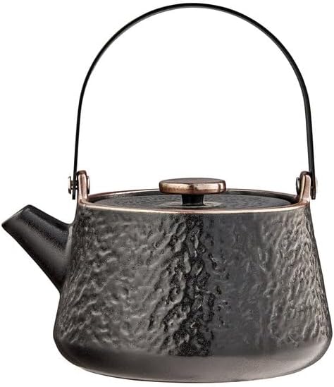 Heika Stoneware Teapot, 24 oz, Black Matte Textured with Lid, Round Design, Banded Rim, Freezer and Dishwasher Safe, 5.9 x 4 Inches - Bloomnest