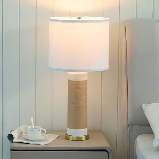 25.75” Rattan Ceramic Lamps for Living Room Set of 2, Farmhouse Table Lamp for Nightstand, White Lamps Set of 2 for Bedroom, Boho Ceramic Table Lamp for End Table - Bloomnest