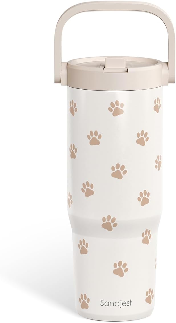 SANDJEST Paw Prints Stainless Steel Straw Lid Tumbler 30oz with Carry Handle for Women Girls Pet Lover Dog Mom Cat Mom, Insulated Travel Coffee Cup, Gift for Sports Workout Christmas Birthday - Bloomnest