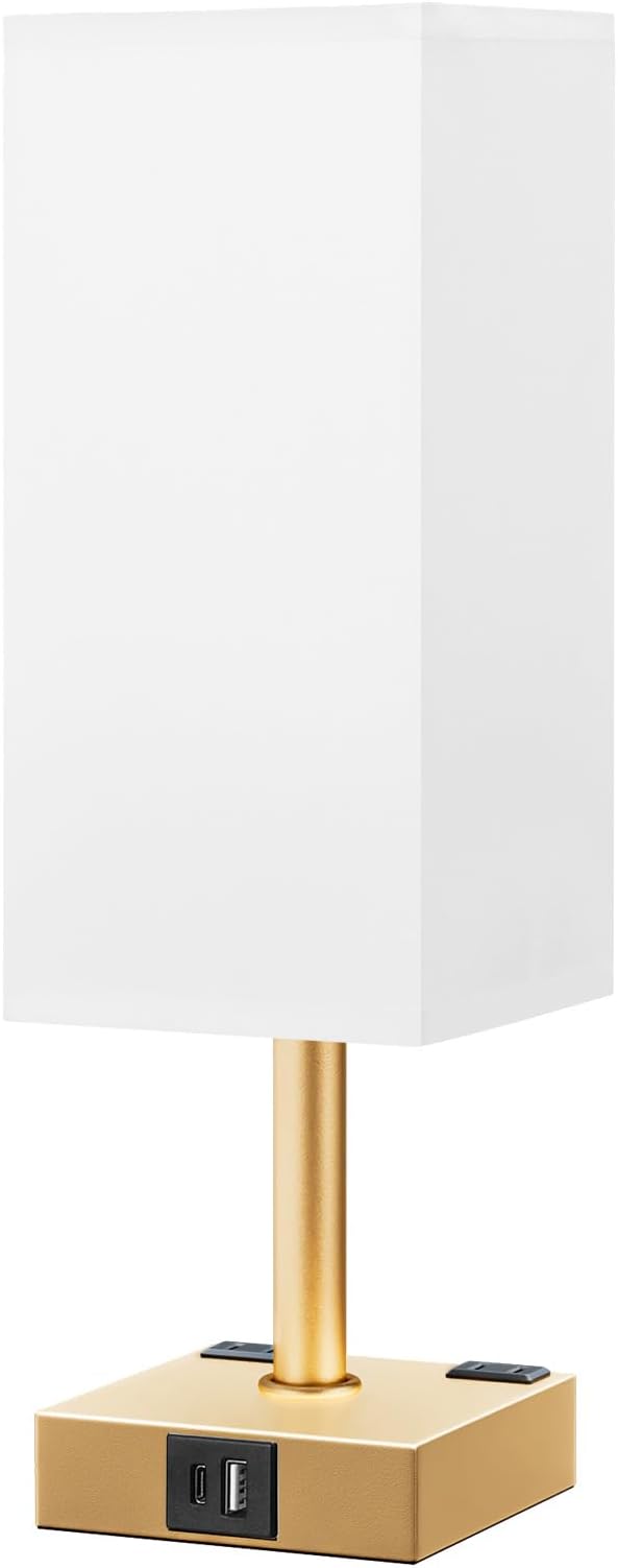 Gold White Touch Table Lamp - Bedside Lamp with USB A + Type C Charging Ports and Two AC Outlets, Small Night Stand with E26 LED Bulb, Desk Light for Bedroom Living Room Office Dorm - Bloomnest