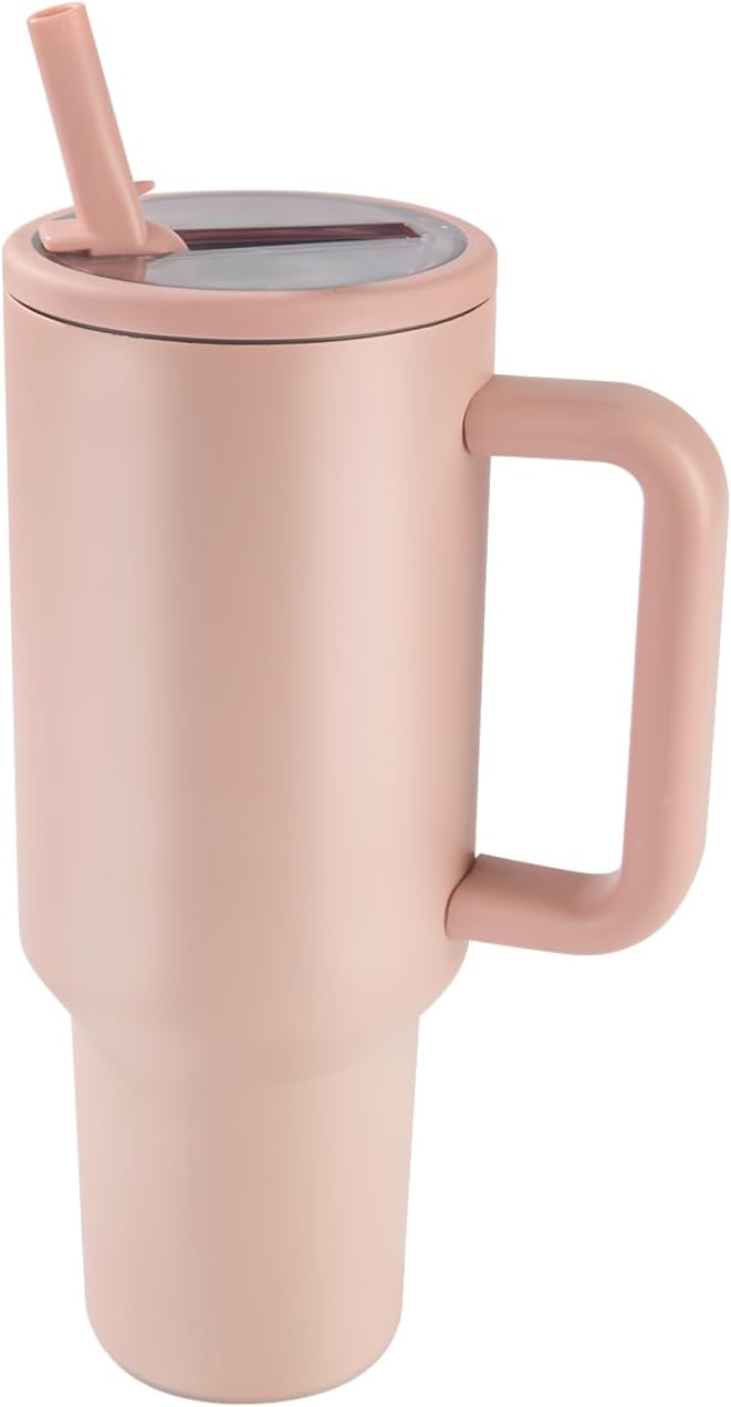 40 oz Insulated Tumbler with Handle,Flip Straw,Lid & Rubber Base Stainless Steel Water Bottle - Leak Proof Vacuum Insulated Mug BPA Free Reusable Travel Cup Gifts for Women/Men (Peach pink40oz) - Bloomnest