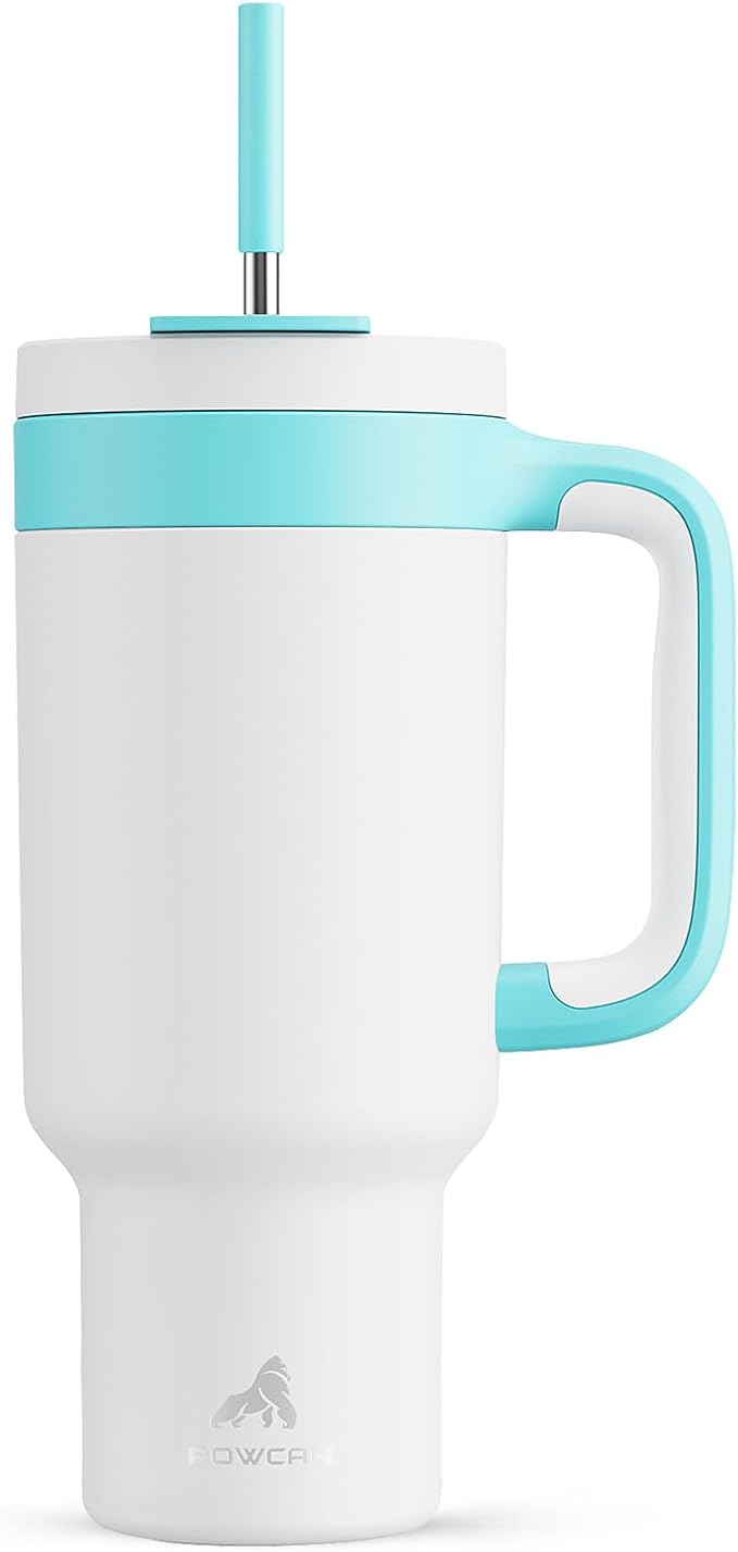 POWCAN 40 oz Tumbler with Handle, 2-in-1 Straw and Sip Lid, Leakproof, Dishwasher Safe, Insulated Stainless Steel Travel Coffee Mug, Keeps Cold for 34 Hours, Fits in Car Cup Holder (Glacier) - Bloomnest
