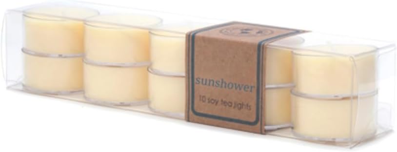 ECO CANDLE CO. Tea Light Candles, Sunshower, 10-Pack - Scents of Citrus & Musk - Recyclable Plastic Cups, 100% Soy Wax, No Lead, Hand Poured, Made from Midwest Grown Soybeans, .6 oz. Each - Bloomnest