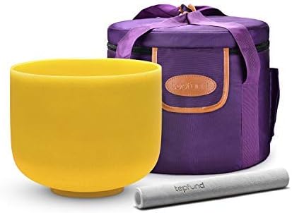 TOPFUND Yellow E Note Crystal Singing Bowl Solar Plexus Chakra 10 inch with Heavy Duty Carrying Case and Suede Mallet