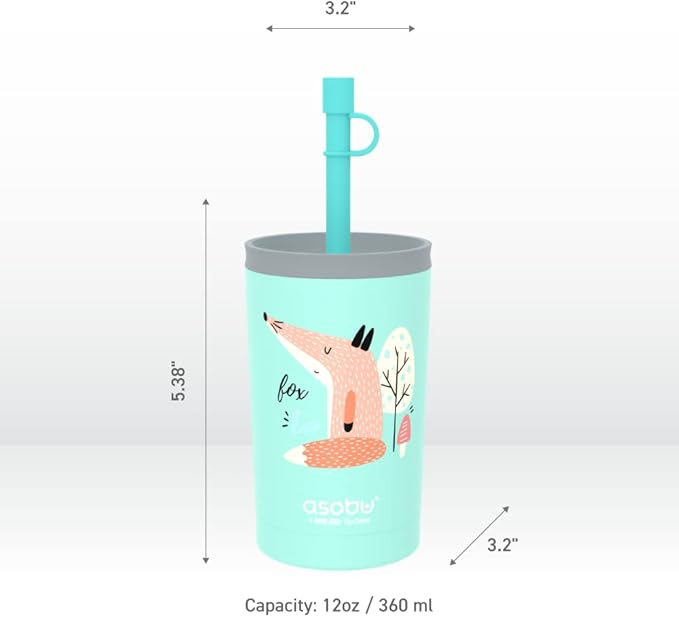 asobu Stainless Steel Kids Tumbler with Flexible Straw Lid | Insulated Water Bottle | Reusable Travel Cup 12 Ounce (Teal) - Bloomnest