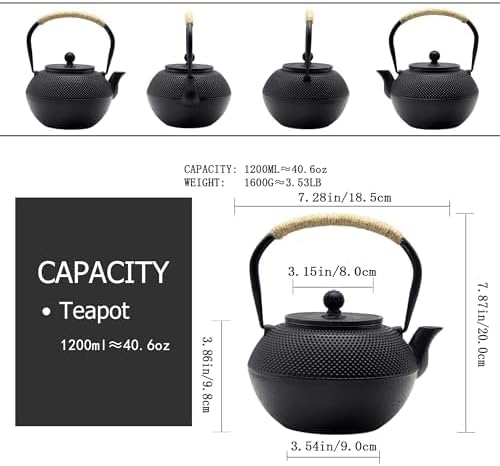 40.6oz Cast Iron Teapot, Japanese Tetsubin Tea Kettle for Stovetop Safe, Black Cast Iron Tea Kettle with Infuser for Loose Leaf, Tea Pot with Enameled Interior, Gift for Tea Lovers - Bloomnest