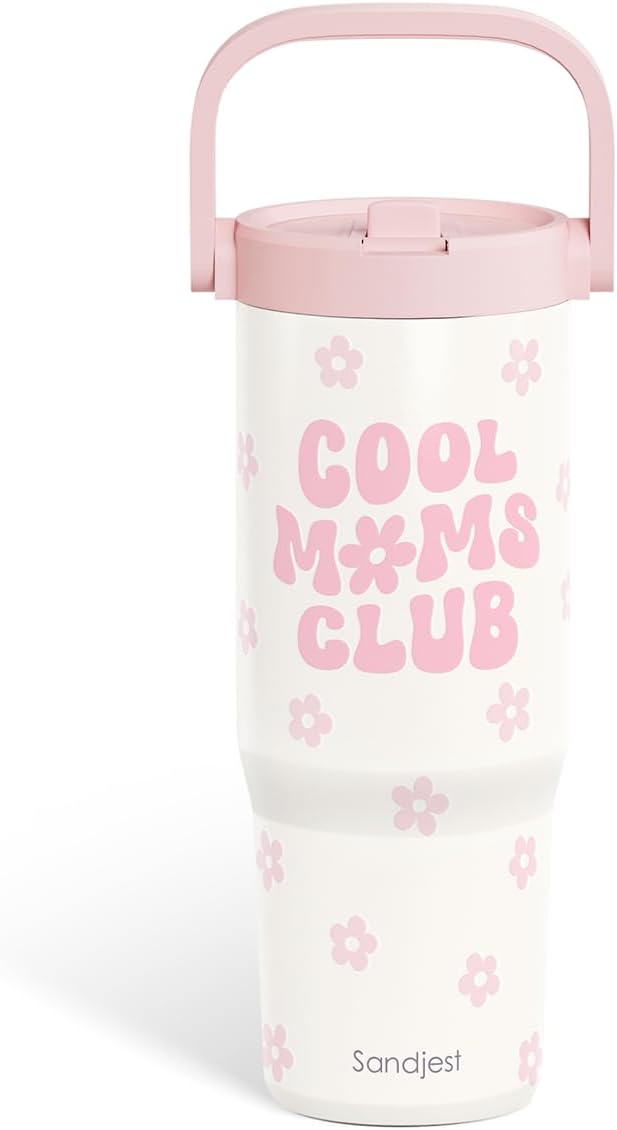 SANDJEST Mom Stainless Steel Straw Lid Tumbler 30oz with Carry Handle for Women, Cool Mom Club Insulated Travel Coffee Cup, Gift for Sports Outdoor Mother's Day Christmas Birthday - Bloomnest