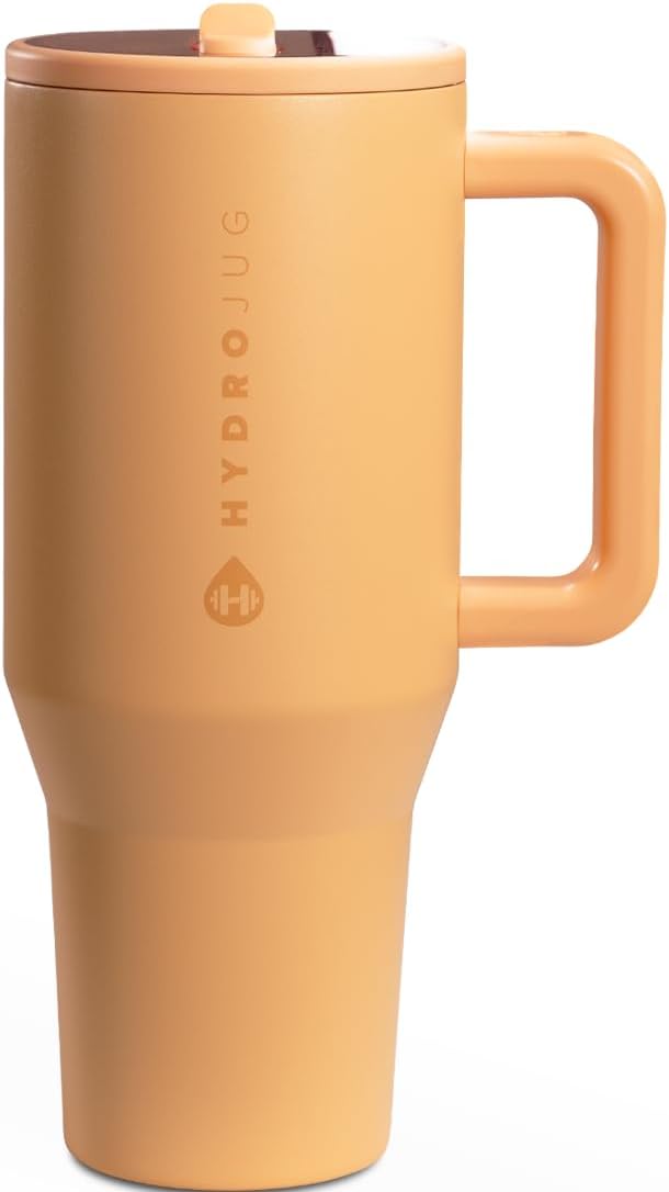 HydroJug Traveler - 32 oz Water Bottle with Handle & Flip Straw - Fits in Cup Holder, Leak Resistant Tumbler-Reusable Insulated Stainless Steel & Rubber Base - Gifts for Women & Men, Marigold Hydrojug