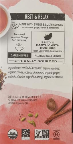 Numi Organic Rooibos Chai Tea, 18 Herbal Bags, Microplastic Free, Rich Flavor with Cinnamon, Allspice & Ginger, Caffeine Free (Pack of 2) - Bloomnest