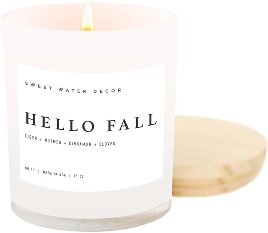 Sweet Water Decor Hello Fall Candle - Cinnamon Apples Cloves & Nutmeg Fall Scented Candle for Home Decor - 100% Cotton Wick Soy Wax Candles with 50 Hour Burn Time - Made in The USA - 11oz White Jar - Bloomnest