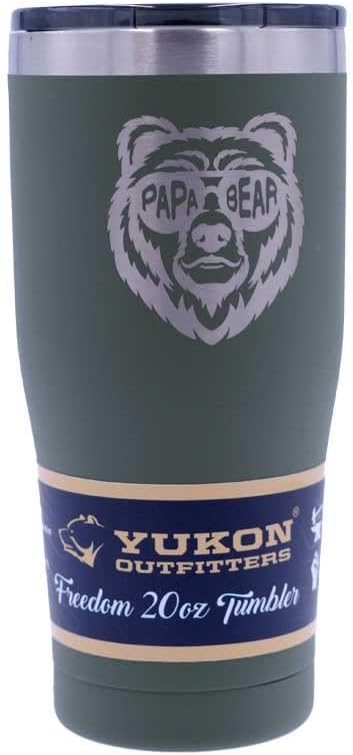 Yukon Outfitters Freedom High Grade 18/8 Corrosion-Resistant Stainless Steel Double Wall Vacuum Tumbler (20 oz/ 590ml) - 7.3" H x 3.4" Top dia. / 2.7" Bottom dia., Olive Drab with Papa Bear Shades - Bloomnest