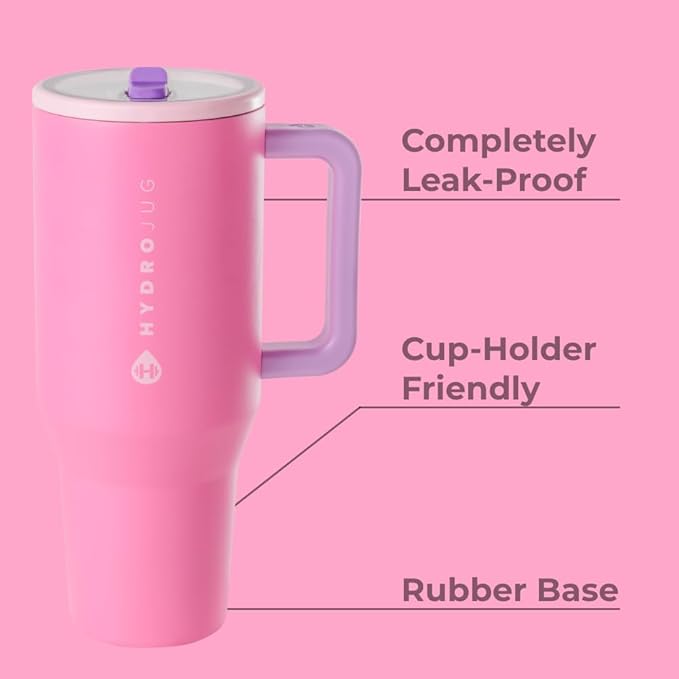 HydroJug Traveler - 40 oz Water Bottle with Handle & Flip Straw - Fits in Cup Holder, Leak Resistant Tumbler-Reusable Insulated Stainless Steel & Rubber Base - Gifts for Women & Men, Pink Sugar - Bloomnest