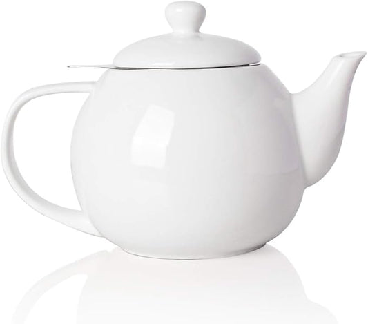 Sweejar Porcelain Teapot with Removable Stainless Steel Infuser,Microwave & Dishwasher Safe Tea Pots for Loose Tea,Tea Infuser Pots for Chrismas Women Gift (30oz White) - Bloomnest