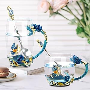 1 Set Coffee Cup Tea Mug with Spoon Set Handmade Enamel Butterfly Flower for Women Man，Father's Day, Mother's Day, Valentine's Day gifts (2 Pack)