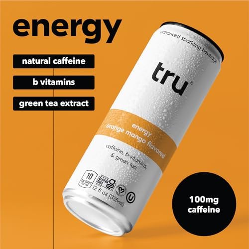 Tru Energy Seltzer, Sparkling Water with Natural Caffeine, Orange Mango Juice, Green Tea Extract & B Vitamins, Lightly Carbonated Energy Drink, Gluten Free, Vegan, Low Calorie, 12 FL OZ Cans, 12 Pack - Bloomnest