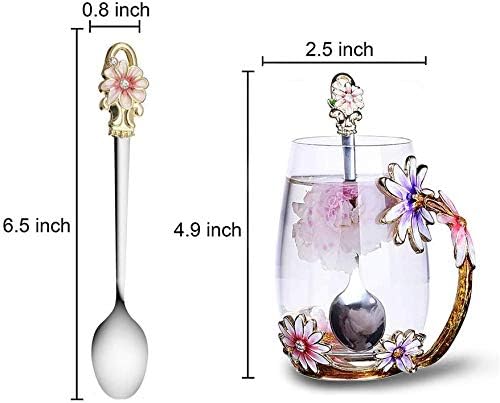 Luka Tech Enamel flower Lead-free Glass Coffee Mugs Tea Cup with Steel Spoon, Best Birthday Gifts For Women Wife Mom Friends Mothers Valentines Day Christmas - Bloomnest